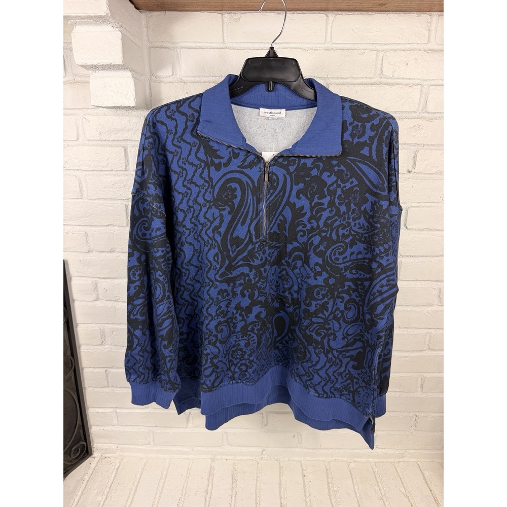 Westbound Woman 1X Blue Black Paisley Quarter Zip Pullover Cotton NWT